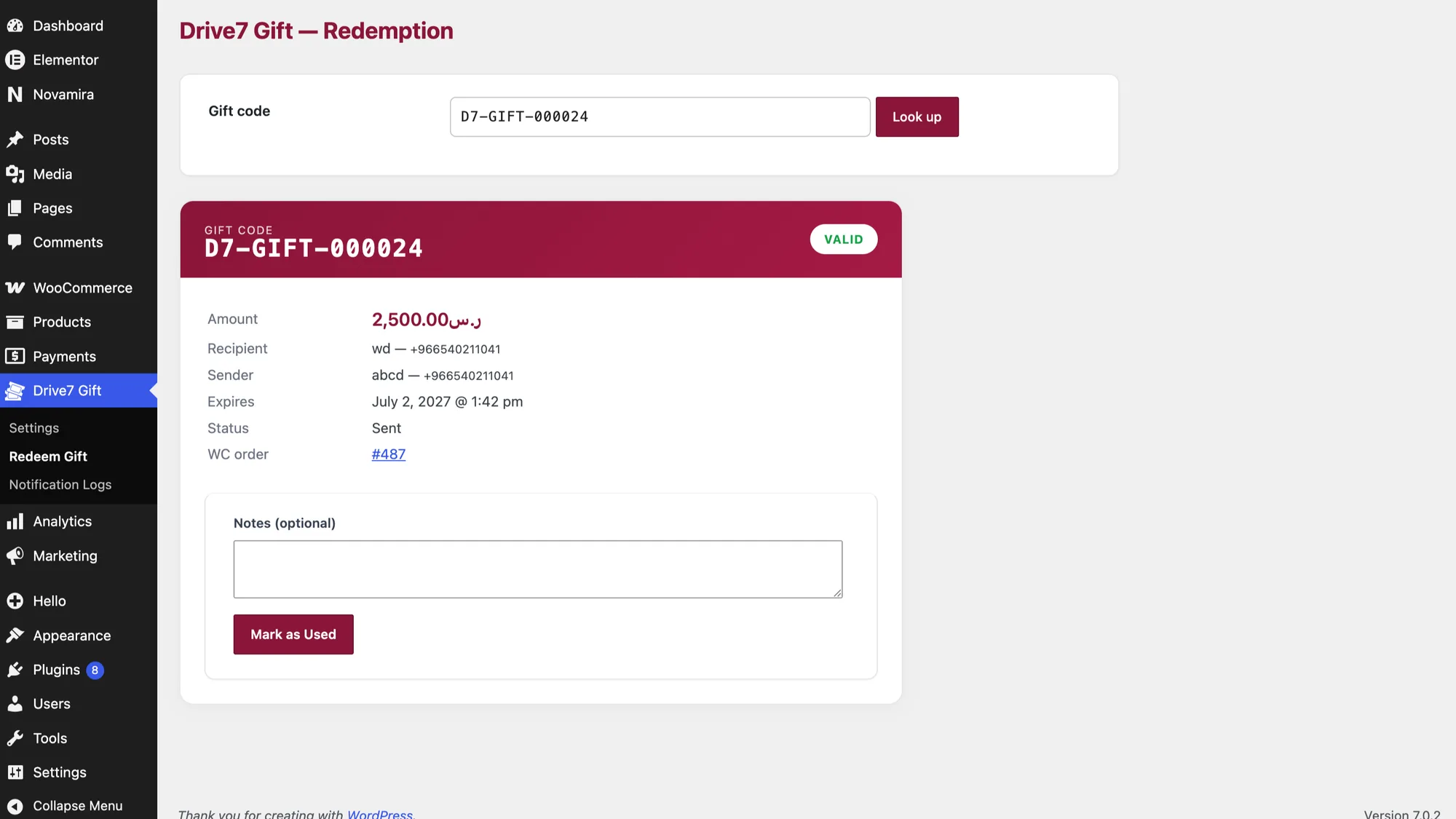 Staff redemption dashboard in WordPress admin showing a valid gift code with amount, status and linked order