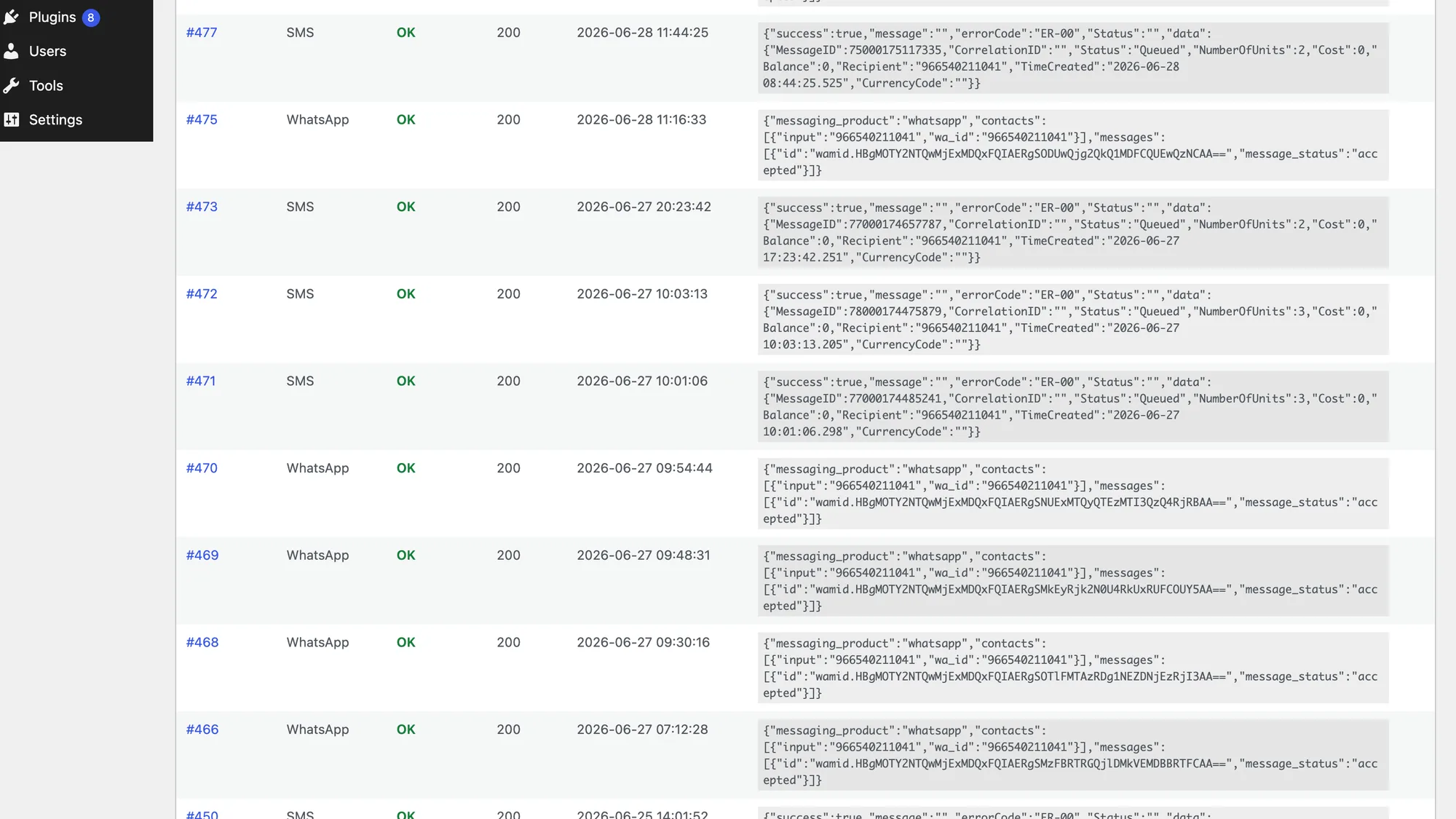 Notification logs in WordPress admin listing WhatsApp and SMS delivery attempts with raw gateway responses