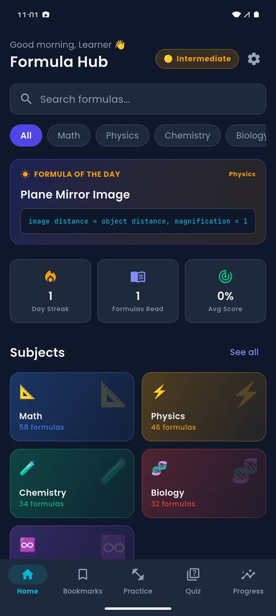 Formula Hub home screen showing the formula of the day, study streak and subject cards