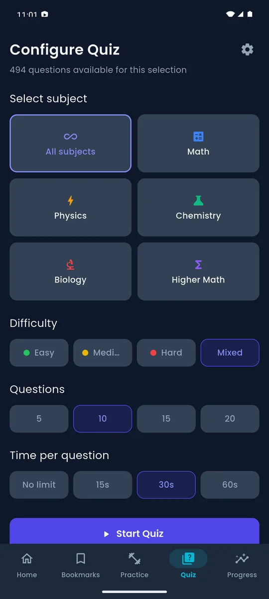 Formula Hub Quiz setup screen