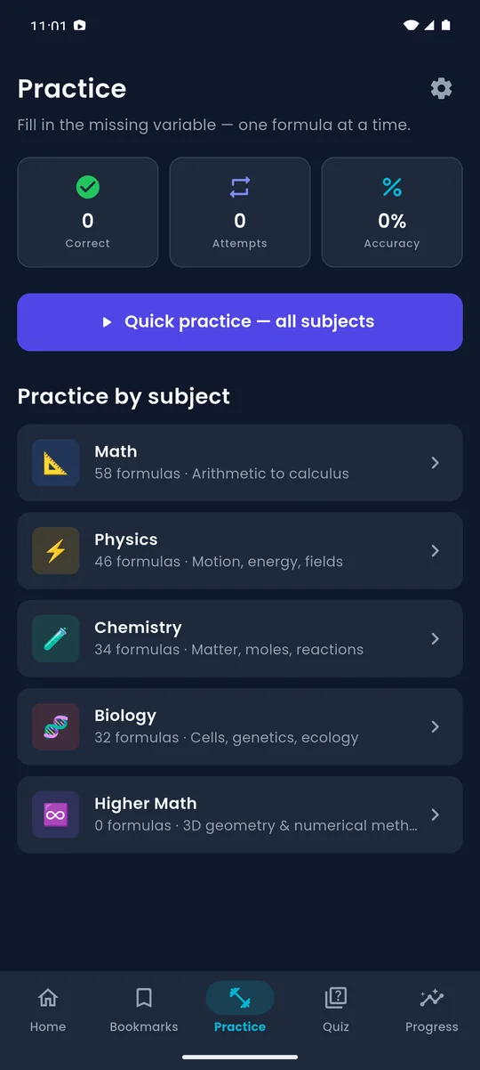 Formula Hub Practice screen